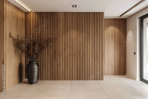 Design an interior wall with wooden panels showcasing