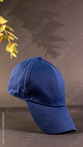 Wallpaper Mural A navy blue baseball cap rests on a dark surface, angled to the right, with muted background lighting and plant shadows Torontodigital.ca