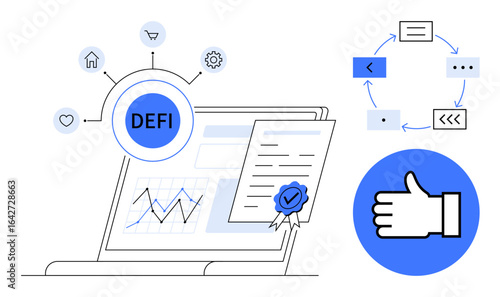 Decentralized finance concept with laptop, charts, smart contract, interconnected nodes, thumbs-up icon, and blockchain symbols. Ideal for finance, technology, innovation security investment