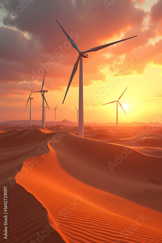 Wind turbines stand tall in a desert landscape at sunset, bathed in warm orange light.