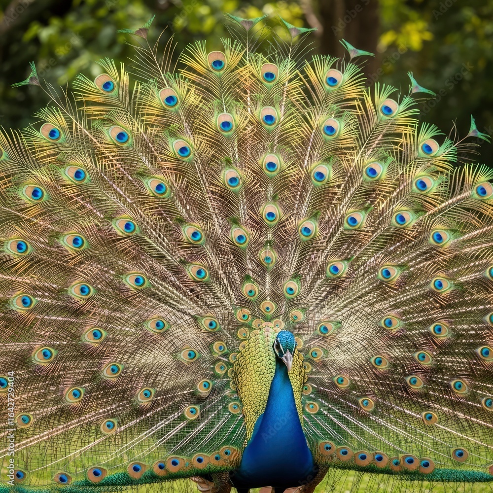 Obraz premium A majestic peacock displaying its beautiful and colorful tail feathers.