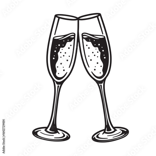 Elegant black and white illustration of two champagne flutes clinking in a celebratory toast