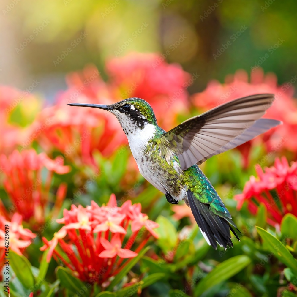 Naklejka premium A hummingbird in flight, amidst vibrant red flowers