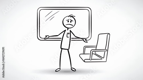 Confused Stick Figure Shrugging with Empty Monitor and Chair on White Canvas Depicting Uncertainty Question Problem Decision and Dilemma Graphic Illustration Stick Stickman