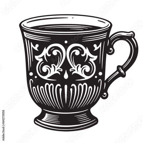Elegant vintage teacup illustration featuring detailed floral ornamentation in a classic black and white design