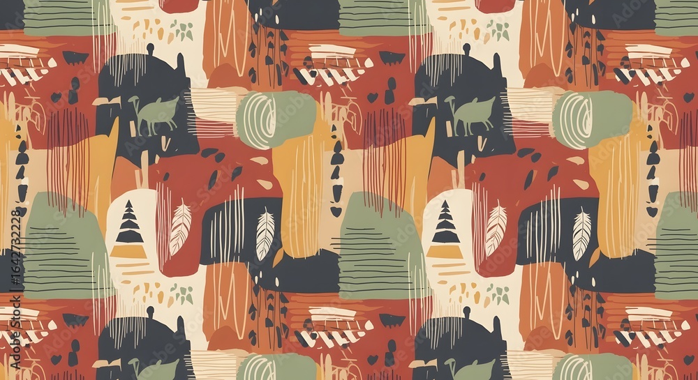 Abstract pattern design featuring stylized shapes and colors, evoking a sense of cultural heritage. Abstract pattern design featuring stylized shapes and colors, evoking a sense of cultural heritage.