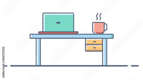 Workspace desk laptop and coffee cup vector illustration for office and remote work concept design