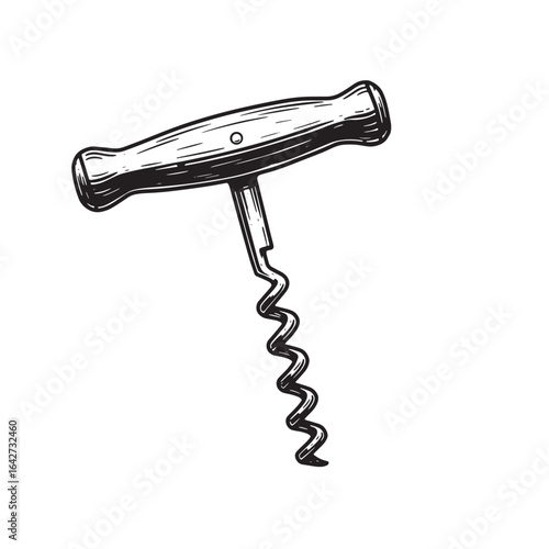 Hand drawn illustration of a vintage corkscrew for wine bottle opener and beverage concepts
