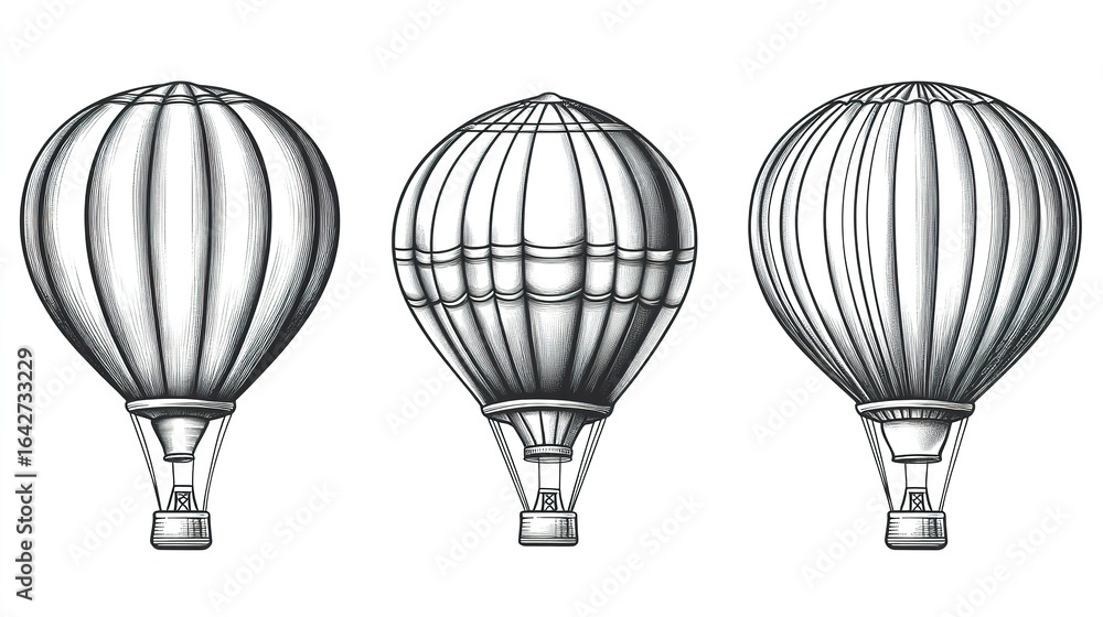 Fototapeta premium Three hot air balloons in a row line art style illustration.