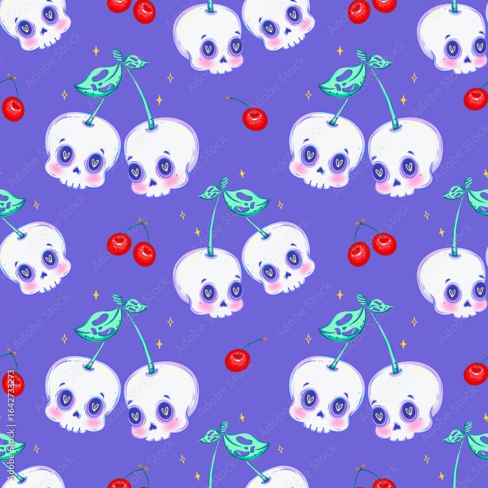 Fototapeta premium Kawaii Cherry Skulls Seamless Pattern Cute Pastel Goth Halloween Design on Purple Background