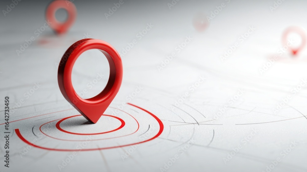 Fototapeta premium Bright red marker on white background illustrating focus on important locations in digitally confirmed mapping