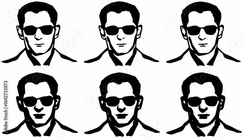 Six portraits of men wearing sunglasses in a black and white graphic style repeating pattern design art