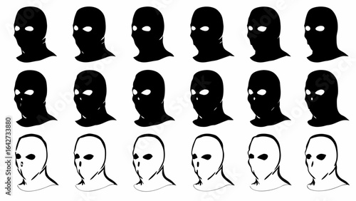 Illustration showing a pattern of masked figures in black and white on a white background in rows and columns