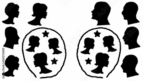 Silhouette portraits of men and women arranged symmetrically with star decorated circles on a white background