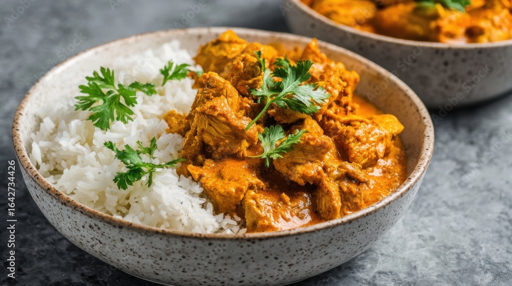 A bowl filled with tender chicken curry in a rich sauce, garnished with fresh cilantro, sits beside a serving of fluffy white rice, creating a delightful meal. A bowl filled with tender chicken curry in a rich sauce, garnished with fresh cilantro, sits beside a serving of fluffy white rice, creating a delightful meal.