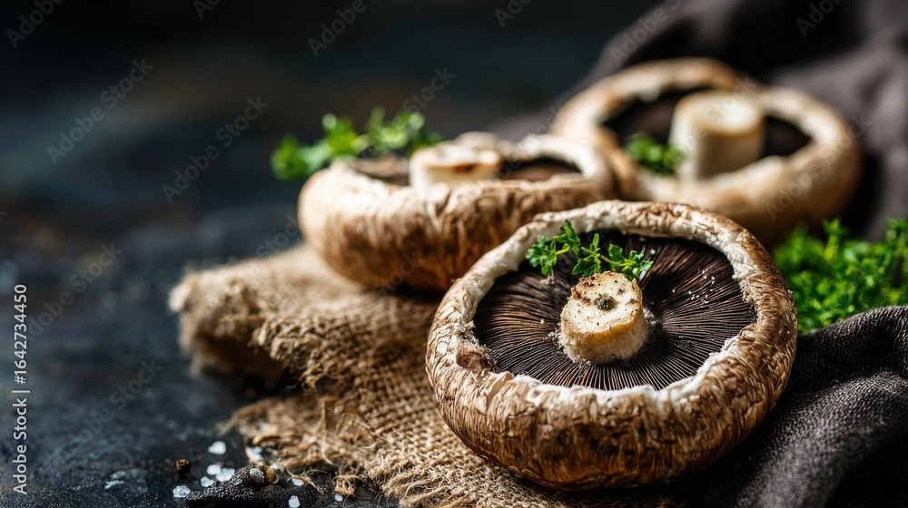 Fototapeta premium Three large mushrooms are artistically arranged on a rustic burlap cloth with fresh herbs and spices. The setting evokes a gourmet cooking atmosphere perfect for culinary inspiration.