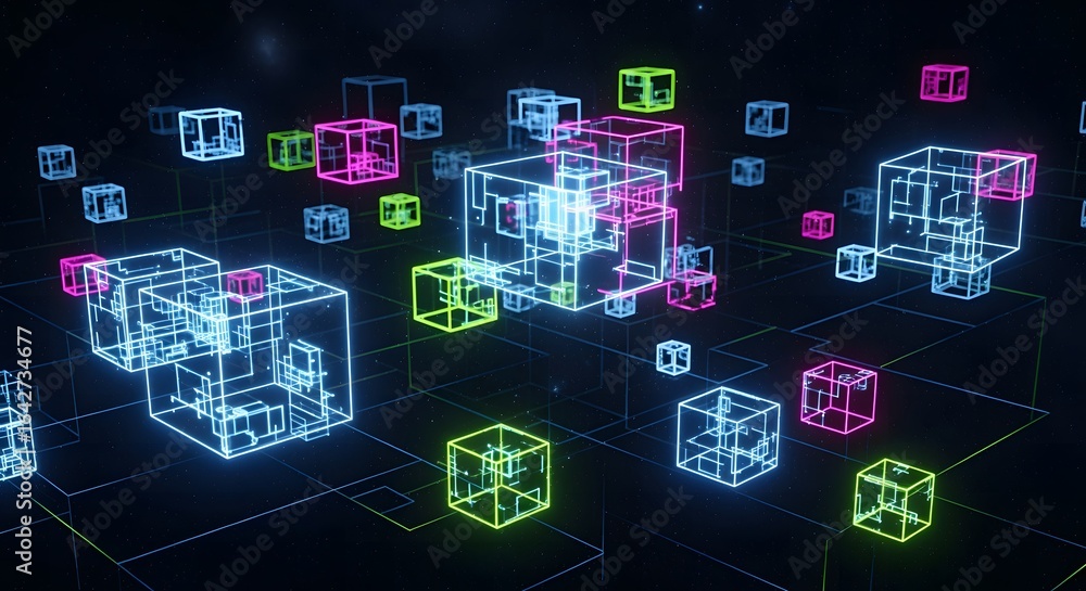 Fototapeta premium Colorful neon wireframe cubes float in a dark, abstract digital space, representing data and network concepts.