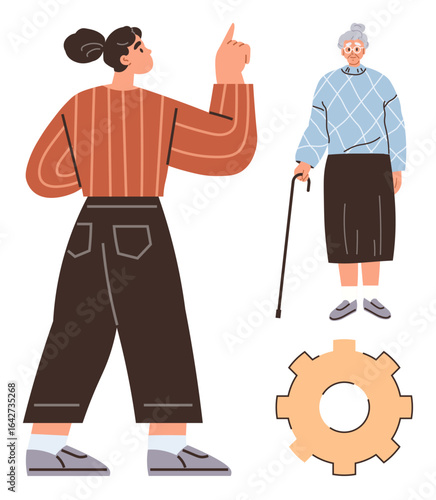 Young woman pointing upwards, elderly woman with cane in blue sweater, and a gear symbol. Ideal for intergenerational support, caregiving, community, mentoring, teamwork, family values shared