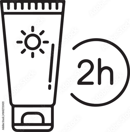 Sunscreen tube with sun icon and two hour protection symbol