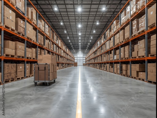 Wallpaper Mural Large warehouse interior with tall racks full of boxes, distribution storage facility with logistics and supply chain concept, empty aisle and pallet in industrial building Torontodigital.ca