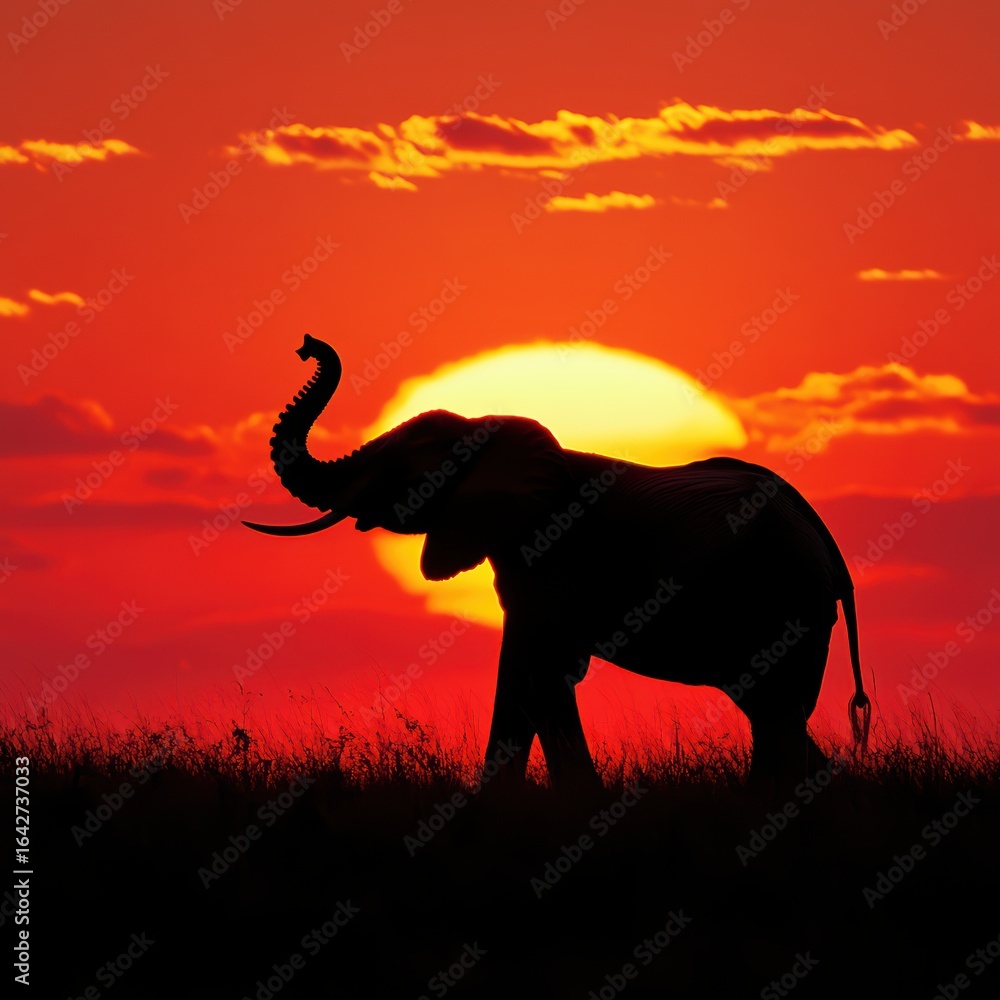 Fototapeta premium Elephant Silhouette Against a Vibrant Sunset Sky Reflection