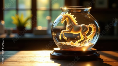 Wallpaper Mural Golden equine figurine artfully encased within a glass dome, illuminated by soft, warm light, rests on a wooden base, creating a captivating home decor piece. Torontodigital.ca