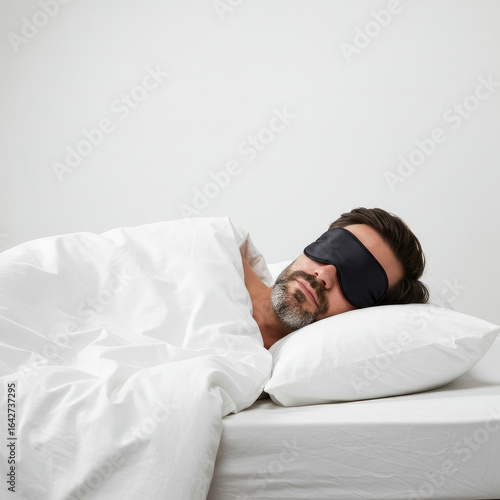 Man Sleeping Peacefully With Eye Mask And Blanket, White Background