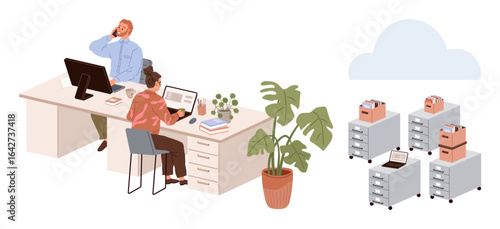 Two office workers at desks with computers, plants, and books. Filing cabinets filled with paper boxes and laptops under a cloud icon. Ideal for teamwork, digital storage, organization, productivity