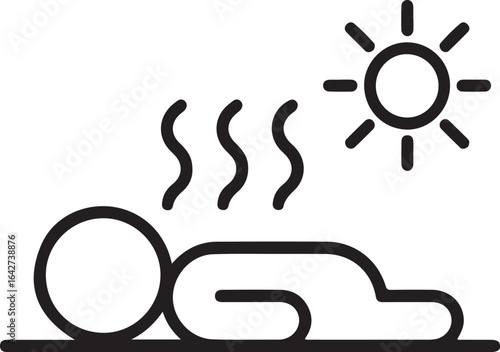Stylized icon of a person lying down under a hot sun with heat waves