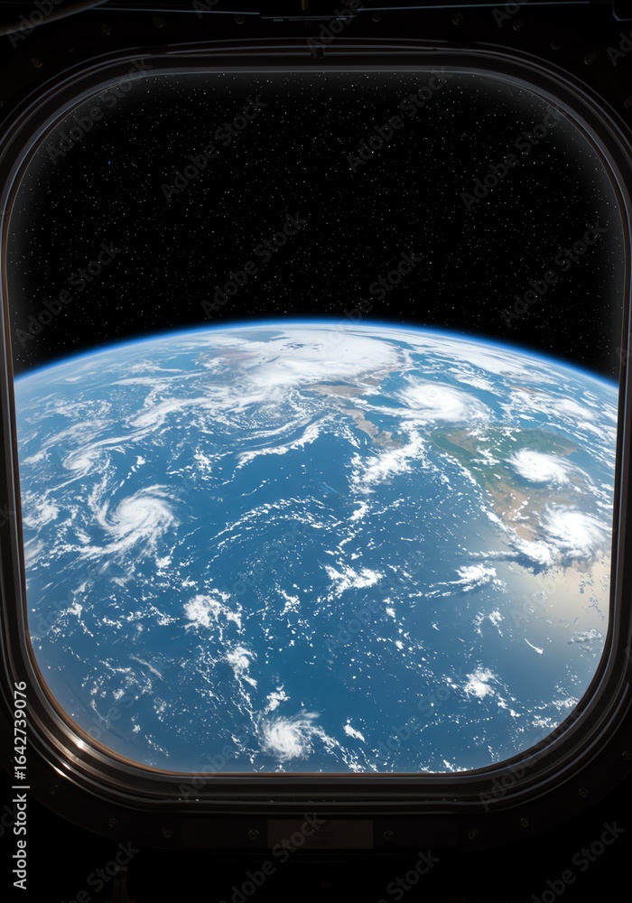Naklejka premium Earth From Space View Through Spacecraft Window with Starry Background