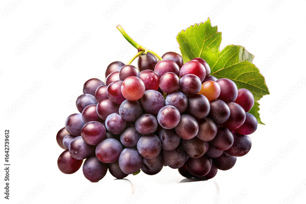 Fototapeta premium Fresh ripe red grapes with green leaf on black background