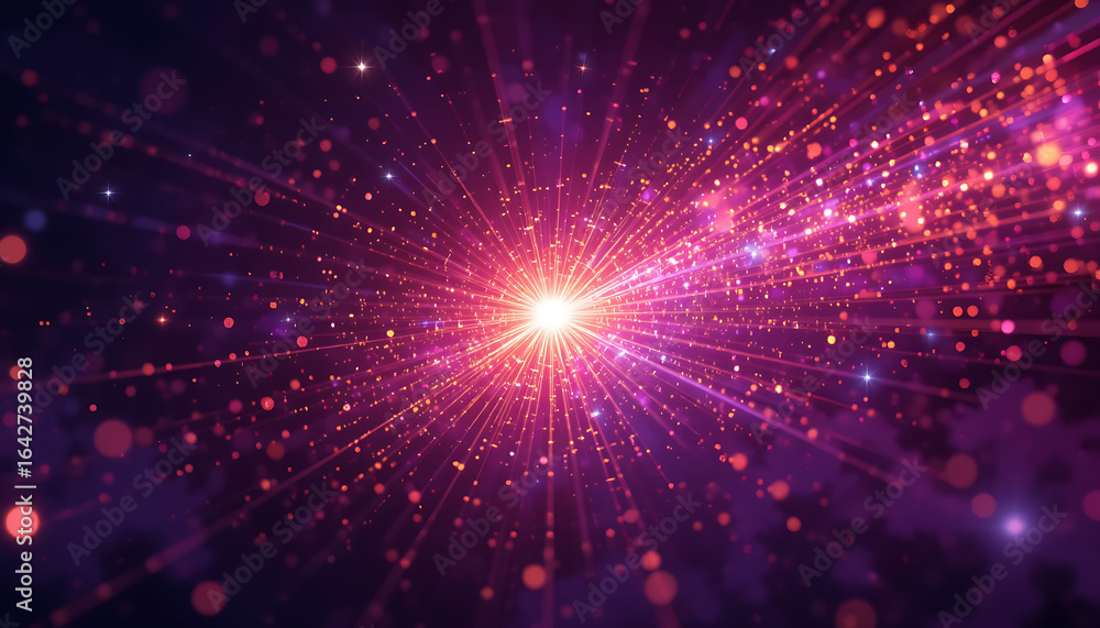 Obraz premium Abstract blust in the middle and tine particles in warm colors spreading from the burst all the way in dark purple background, sparkling, quantum energy theme, negative space on the right , shimmering