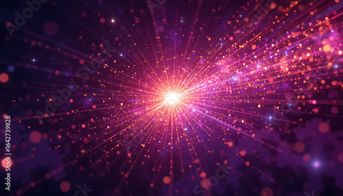 Abstract blust in the middle and tine particles in warm colors spreading from the burst all the way in dark purple background, sparkling, quantum energy theme, negative space on the right , shimmering