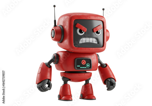 透明な背景を持つ赤いロボットの漫画のキャラクターが怒った表情で未来的な技術を表す