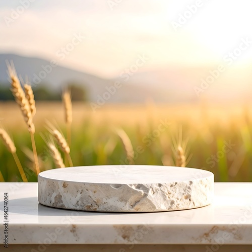 Rustic marble display sits on a marble surface with a blurred idyllic rural background of wheat field and mountains at sunset