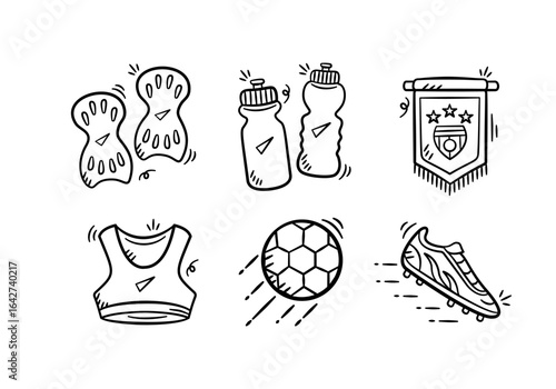 Football equipment hand drawn illustration. Set of soccer kit collection vector icon doodle. Containing ball, sport bra, water bottle, shoes, club flag, shin protector outline style design.