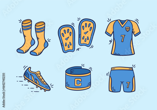 Football equipment hand drawn illustration. Set of soccer kit collection vector icon doodle. Containing sport jersey, socks, shoes, captain armband, shin protector outline style design.