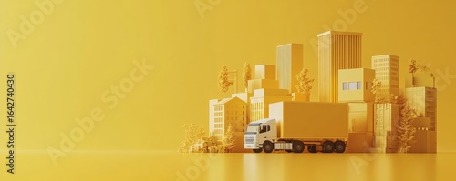 3D illustration of the economy and logistics, with a yellow background symbolizing the movement of goods, data, and commerce. The image highlights the importance of logistics, Generative AI