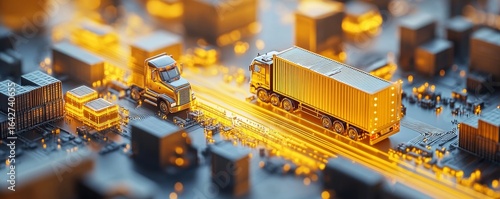 3D illustration of the economy and logistics, with a yellow background symbolizing the movement of goods, data, and commerce. The image highlights the importance of logistics, Generative AI