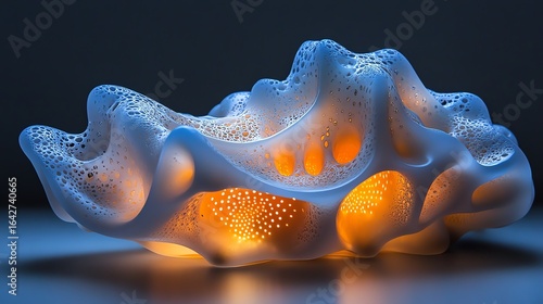 Abstract Organic Shape with Glowing Orange Light and Blue Texture in Dark Environment
