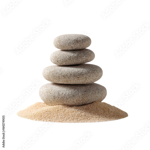 Serene Stone Harmony: A carefully balanced stack of smooth stones rests peacefully upon a bed of sand, embodying tranquility and equilibrium, a study in simplicity and nature's artistry.