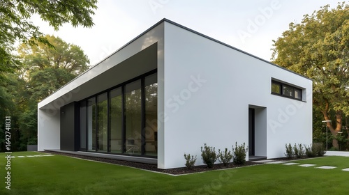Minimalist modern house exterior with geometric architecture design, flat roof, large glass windows, and white facade surrounded by green lawn and natural landscape