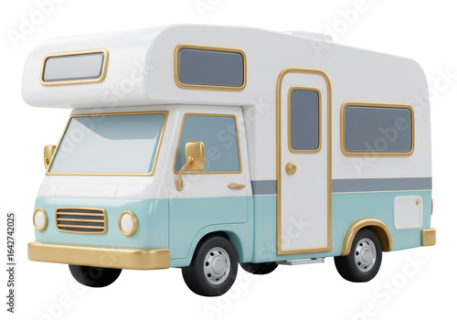 白いとターコイズ色のレトロなキャンピングカーが透明な背景に描かれた3Dレンダリング