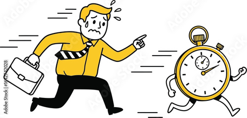 Cartoon businessman running late chasing time management clock