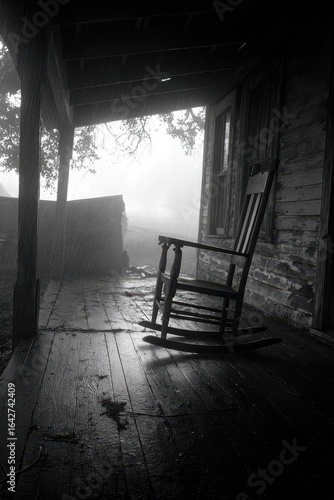 Rocking Chair on Porch in Rain, Black and White, Weathered Wood, Atmospheric