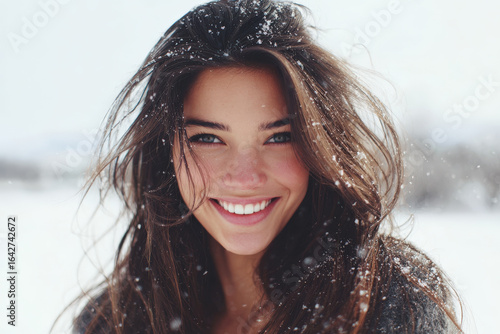 joyful girl with cheerful smile embraces falling snow on her face in stunning winter landscape