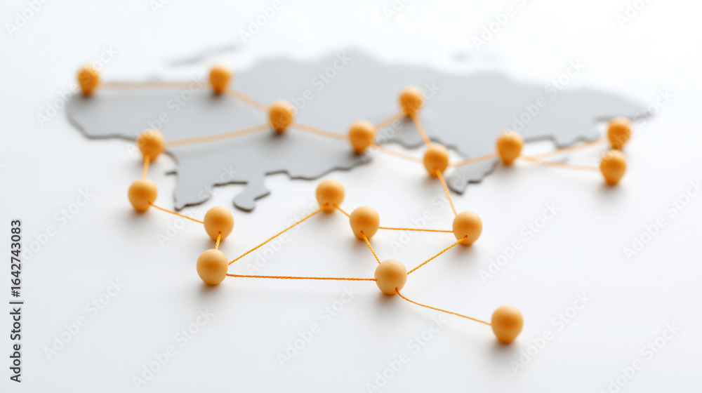 Obraz premium Network connection concept with orange pins and string on map background showing linked points in bright setting