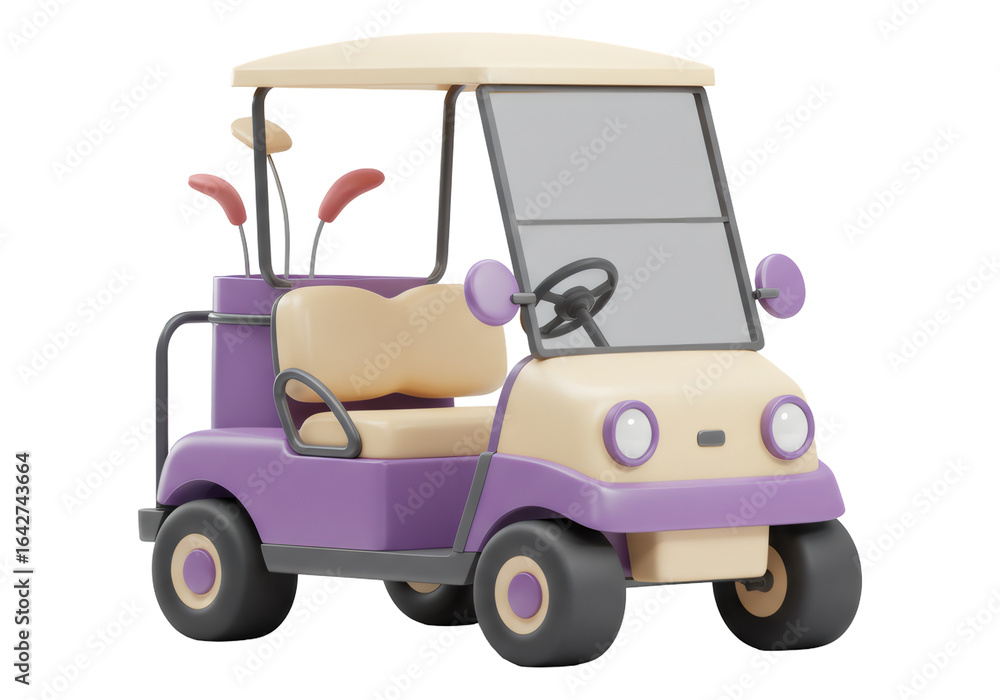 Fototapeta premium 紫とクリーム色のゴルフカート3Dレンダリング透明な背景で隔離