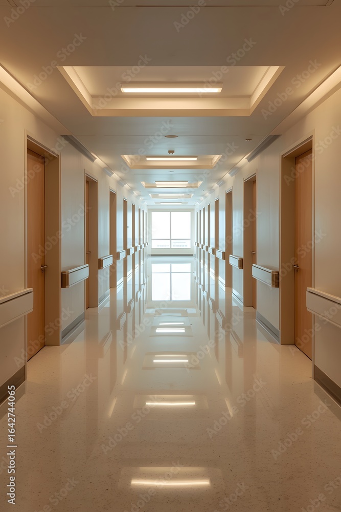 Fototapeta premium Modern hospital corridor interior with clean reflective floors, closed patient room doors, and soft ceiling lighting design creating a sterile professional medical environment