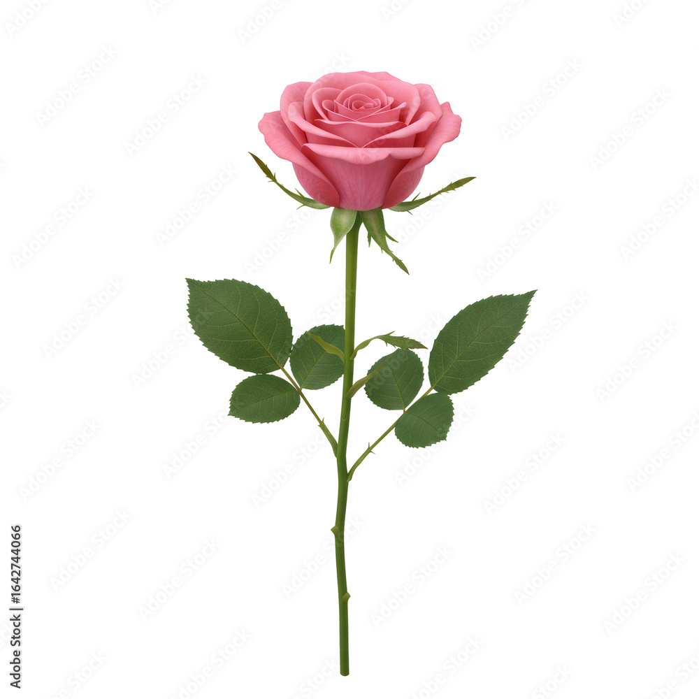 Fototapeta premium Isolated Pink Rose with Green Leaves on Transparent Background a Delicate Bloom